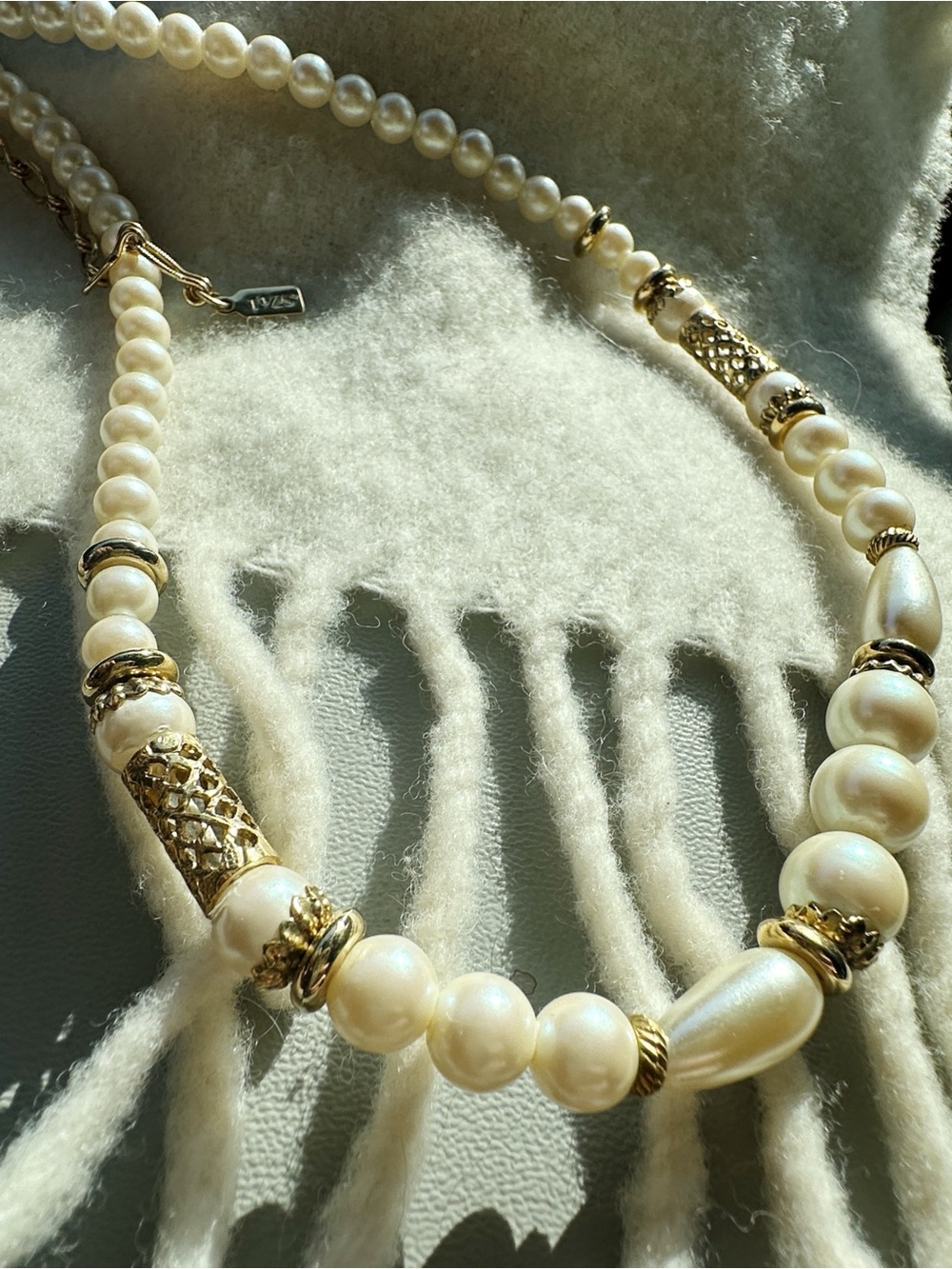 1928 Gold-Tone and Cream Imitation Pearl Beaded Necklace